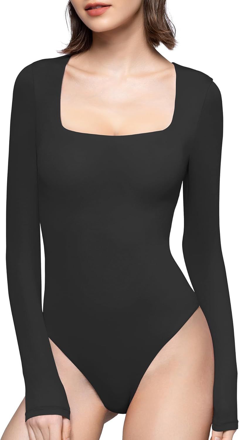 PUMIEY Women's Square Neck Long Sleeve Bodysuit Sexy Body Suit Tops Smoke Cloud Pro Collection | Amazon (US)