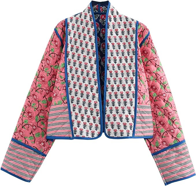 Wyeysyt Women's Cropped Puffer Quilted Jacket Cardigan Floral Printed Lightweight Long Sleeve Ope... | Amazon (US)