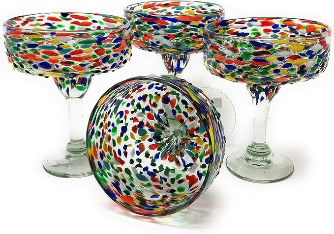 Dos Sueños Mexican Hand Blown Glass – Set of 4 Hand Blown Margarita Glasses Confetti Rock (16 ... | Amazon (US)