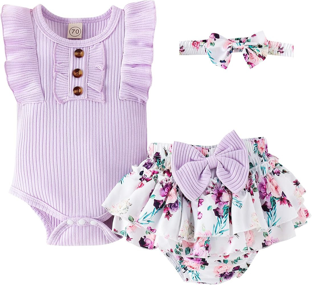 Baby Girl Clothes Newborn Infant Summer Outfits Ruffle Romper and Shorts with Headband Sets for 0... | Amazon (US)