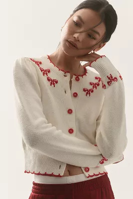 Maeve Embroidered Bow Cardigan Sweater | Anthropologie (US)