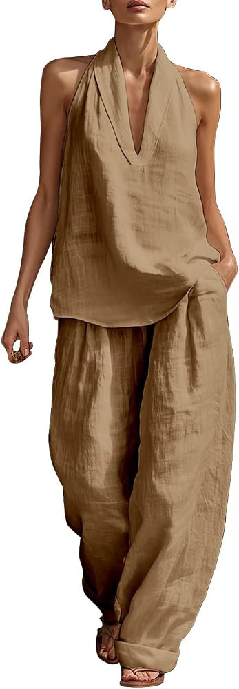 Women's Summer 2 Piece Halter Outfits Linen Cotton V Neck Sleeveless Tank Tops and Wide Leg Pants... | Amazon (US)
