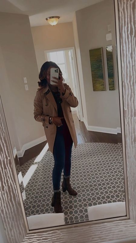 Casual Fall outfit: trench coat paired with dark blue jeans, black sweater, and comfy block heels. I love the fit of this trench because it’s petite and girl-friendly. Fall Style, fall fashions, fall booties, trench coat. 

#LTKVideo #LTKstyletip