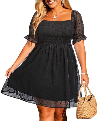 Pinup Fashion Plus Size Puff Sleeve Square Neck Chiffon Swiss Dot Smocked Sun Dress, Black, 26 Plus | Amazon (US)
