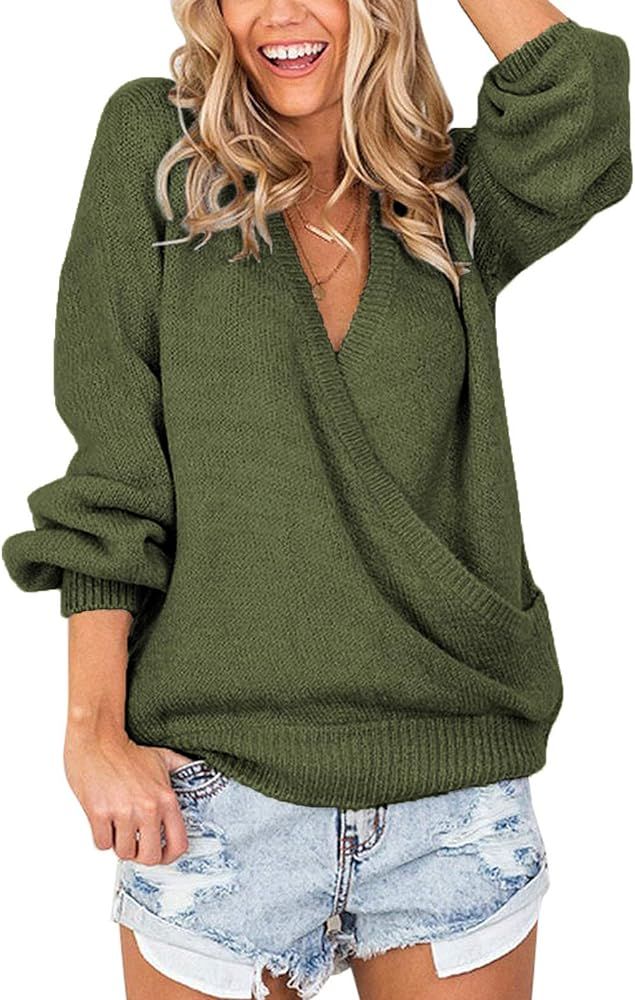LookbookStore Women's Knit Long Sleeve Faux Wrap Surplice V Neck Sweater Top | Amazon (US)