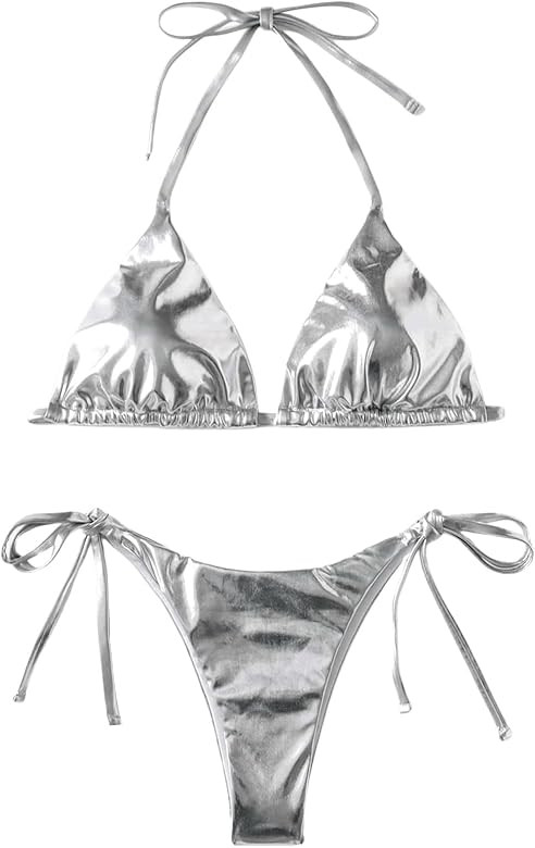 SweatyRocks Women's 2 Piece Metallic Bathing Suit Halter Triangle Bikini Tie Side Swimsuit | Amazon (US)