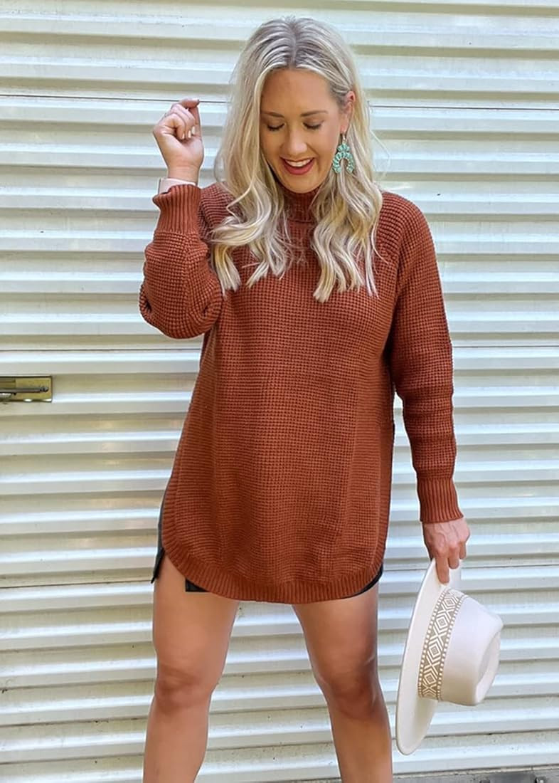 KIRUNDO Women's Casual Waffle Knit Turtleneck Sweater Long Sleeve Solid Irregular Hem Side Split Loo | Amazon (US)