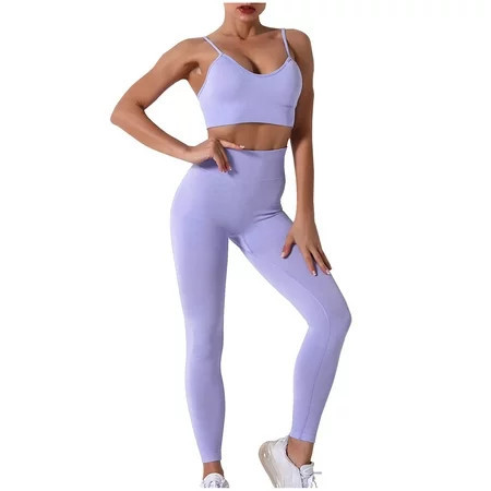 YYDGH Workout Sets Women 2 Piece Ribbed Seamless High Waisted Leggings and Cute Longline Sports Bra for Gym Yoga Purple L | Walmart (US)