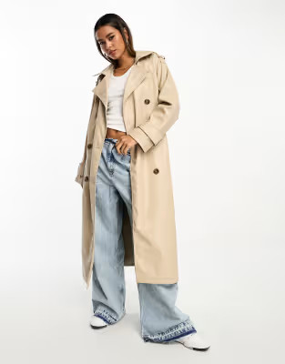ASOS DESIGN faux leather trench coat in stone | ASOS | ASOS (Global)
