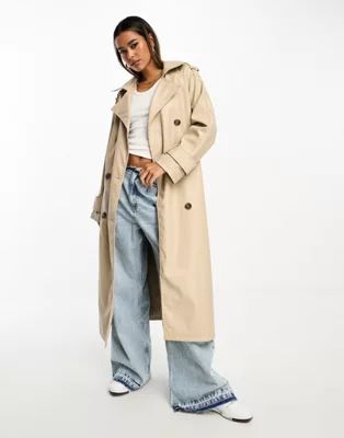 ASOS DESIGN faux leather trench coat in stone | ASOS (Global)