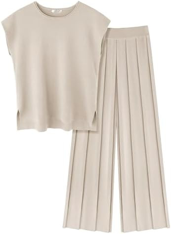 Ekouaer Lounge Sets for Women Two Piece Outfits Knit Cap Sleeve Tops Wide Leg Pleated Pants Casua... | Amazon (US)