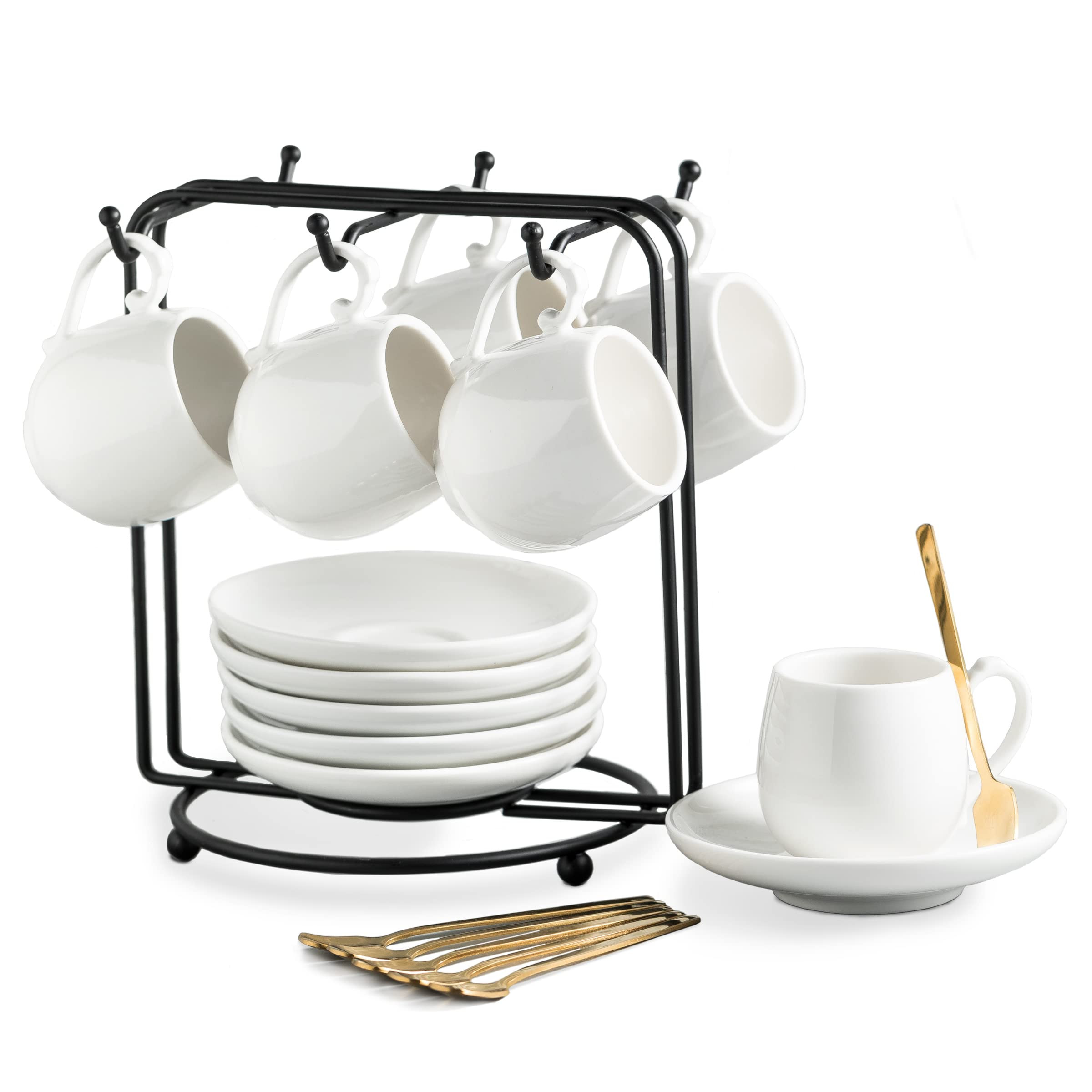LYEOBOH Espresso Cups with Saucers Set, 3 Ounces Coffee Cups with Metal Stand and Spoons, Ceramic... | Amazon (US)