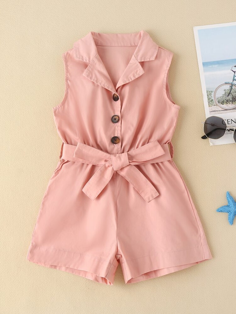 Toddler Girls Notched Half Button Self Tie Shirt Romper | SHEIN