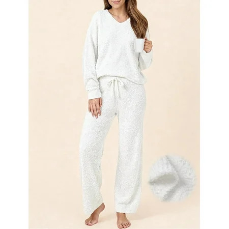 UVN Winter Pajama for Women Sweater Set Ladies V neck Tops and Long Pants Warm 2 Piece Loungewear | Walmart (US)
