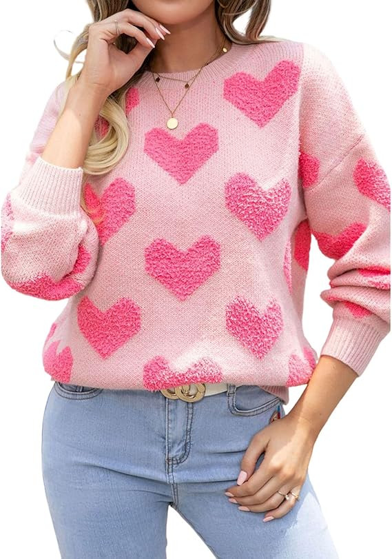 SELINK Women's Fuzzy Heart Sweater V Neck Pearl Drop Shoulder Casual Long Sleeve Valentines Sweat... | Amazon (US)