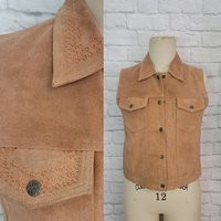 90S Vest Suede Leather, Boxy Fit, Collared, Snap Front, Medium, Tan Southwest Western Wear | Etsy (US)
