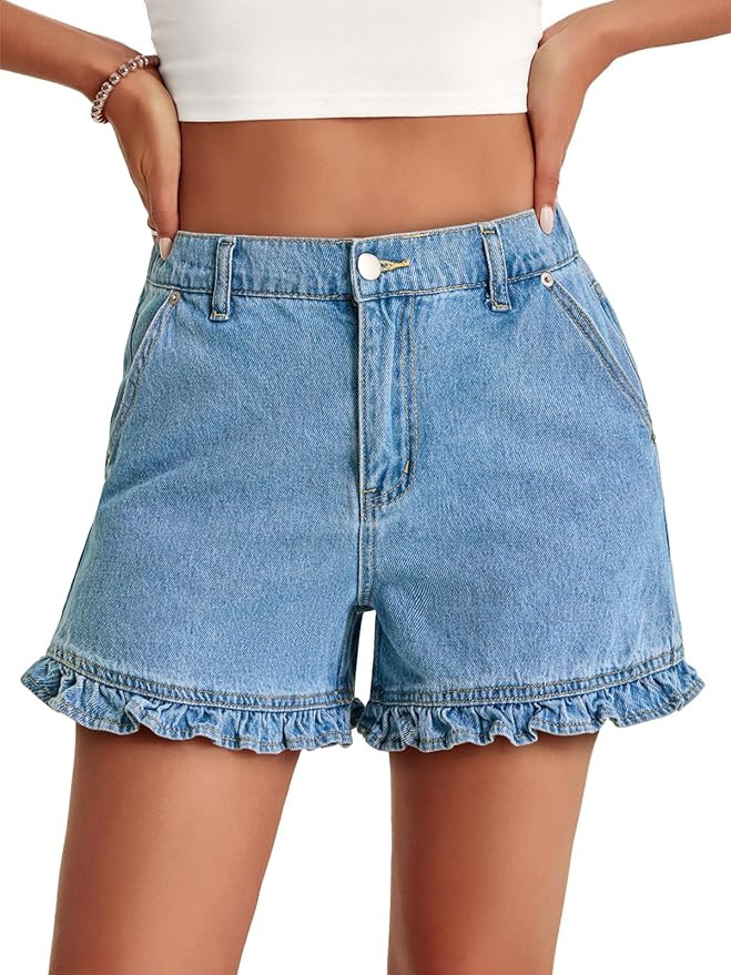 Aoysky Womens Summer Ruffle Denim Shorts Cute High Waisted Cotton Short Jeans with Pockets | Amazon (US)