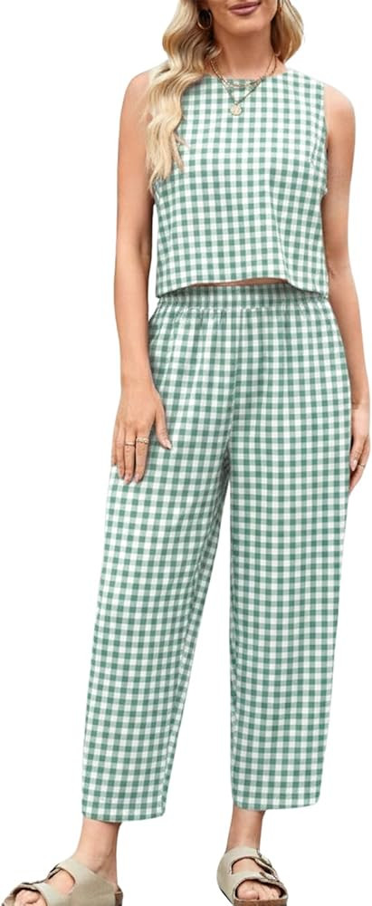 Womens Cotton Gingham 2 Piece Outfit Summer Tank Top Pants Matching Casual Beach Lounge Set | Amazon (US)