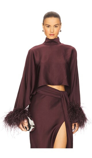 Lapointe Lightweight Satin Caftan Top With Feathers in Wine. - size S | Revolve Clothing (Global)