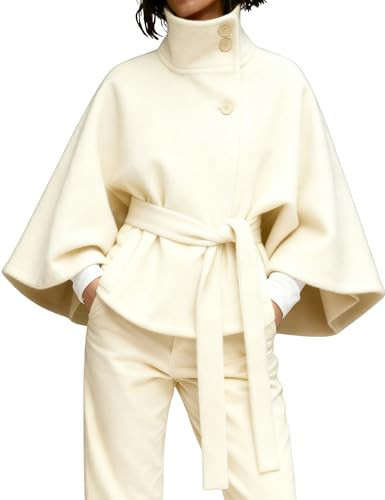 Hooever Women Batwing Sleeve Ponchos Pea Coat Wool Bland Stand Collar Jacket Winter Cropped Overc... | Amazon (US)