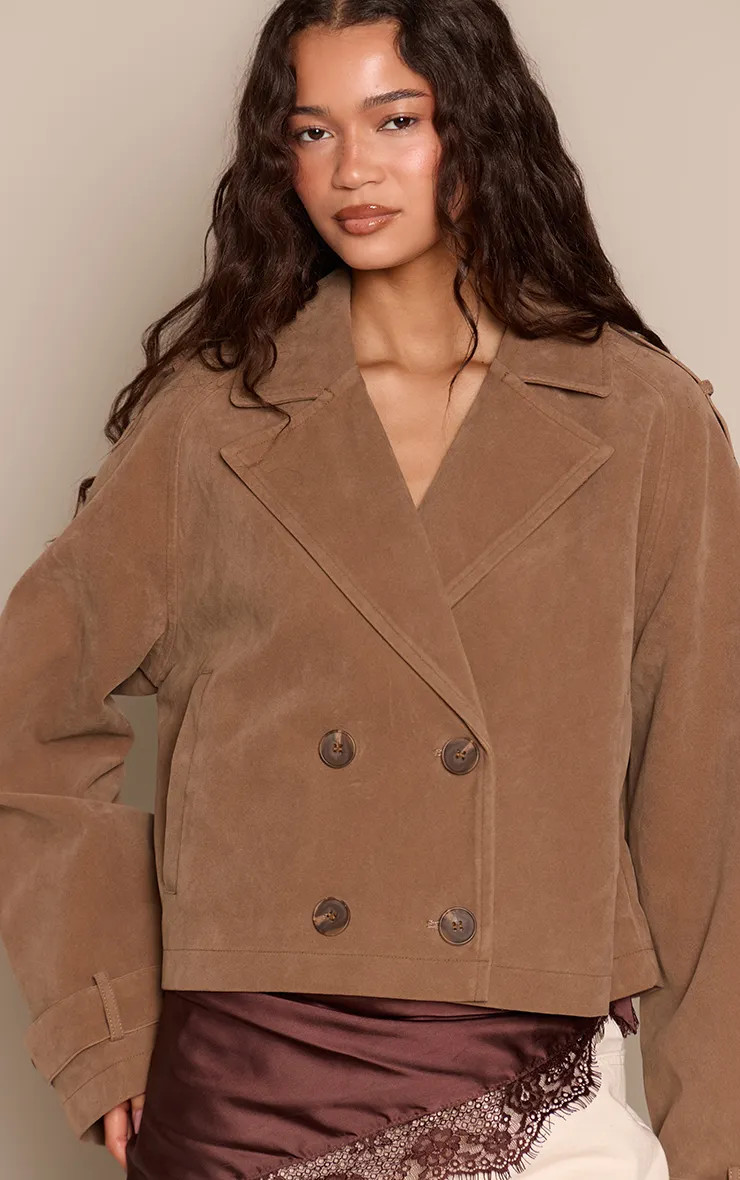 Mushroom Suede Cropped Trench | PrettyLittleThing | PrettyLittleThing UK