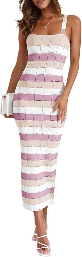 Saodimallsu Womens Striped Bodycon Midi Dress Sleeveless Square Neck Color Block Knit Summer Tank... | Amazon (US)