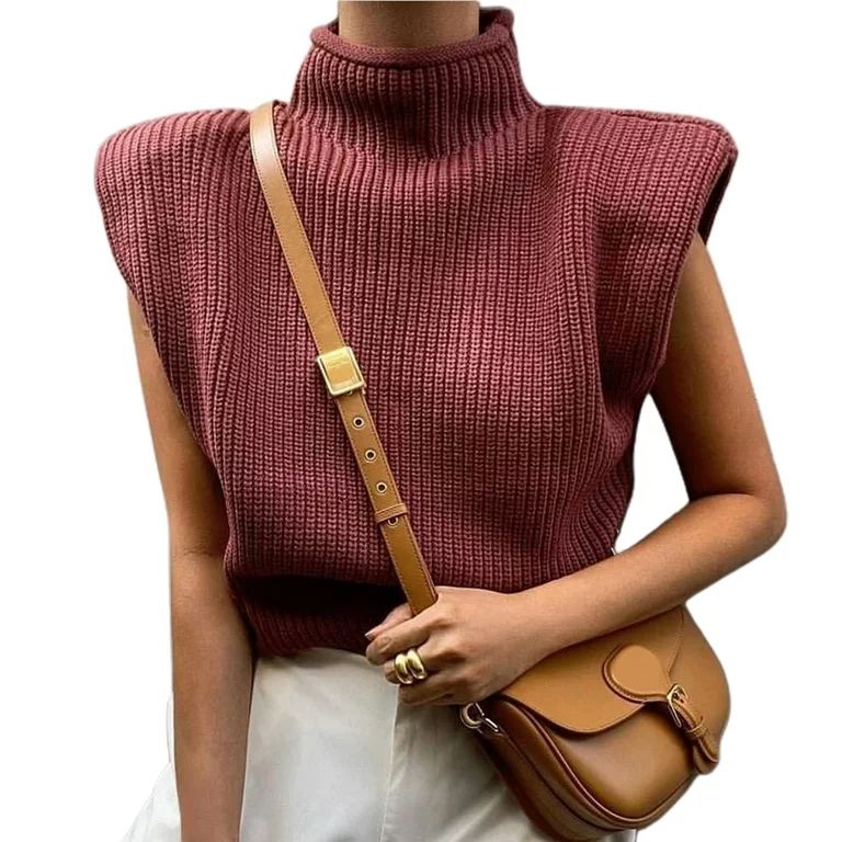 Grofry Women Autumn Winter Turtleneck Sleeveless Vest Sweater Shoulder Pads Knit Jumper XL Red - ... | Walmart (US)
