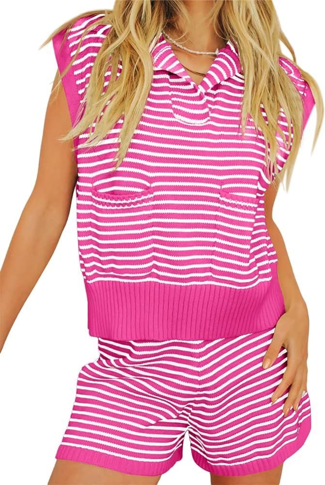 Imily Bela Womens 2 Piece Outfits Sweater Sets Striped Knit Sleeveless Pullover Top Shorts Lounge... | Amazon (US)