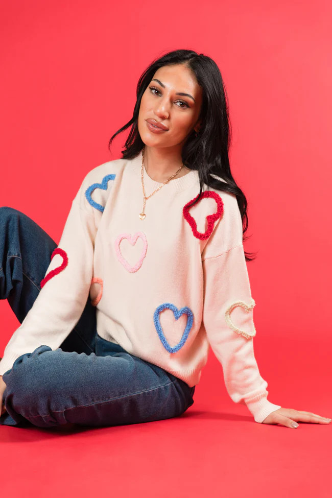 Heart On My Sleeve Cream Multicolor Sweater | Pink Lily
