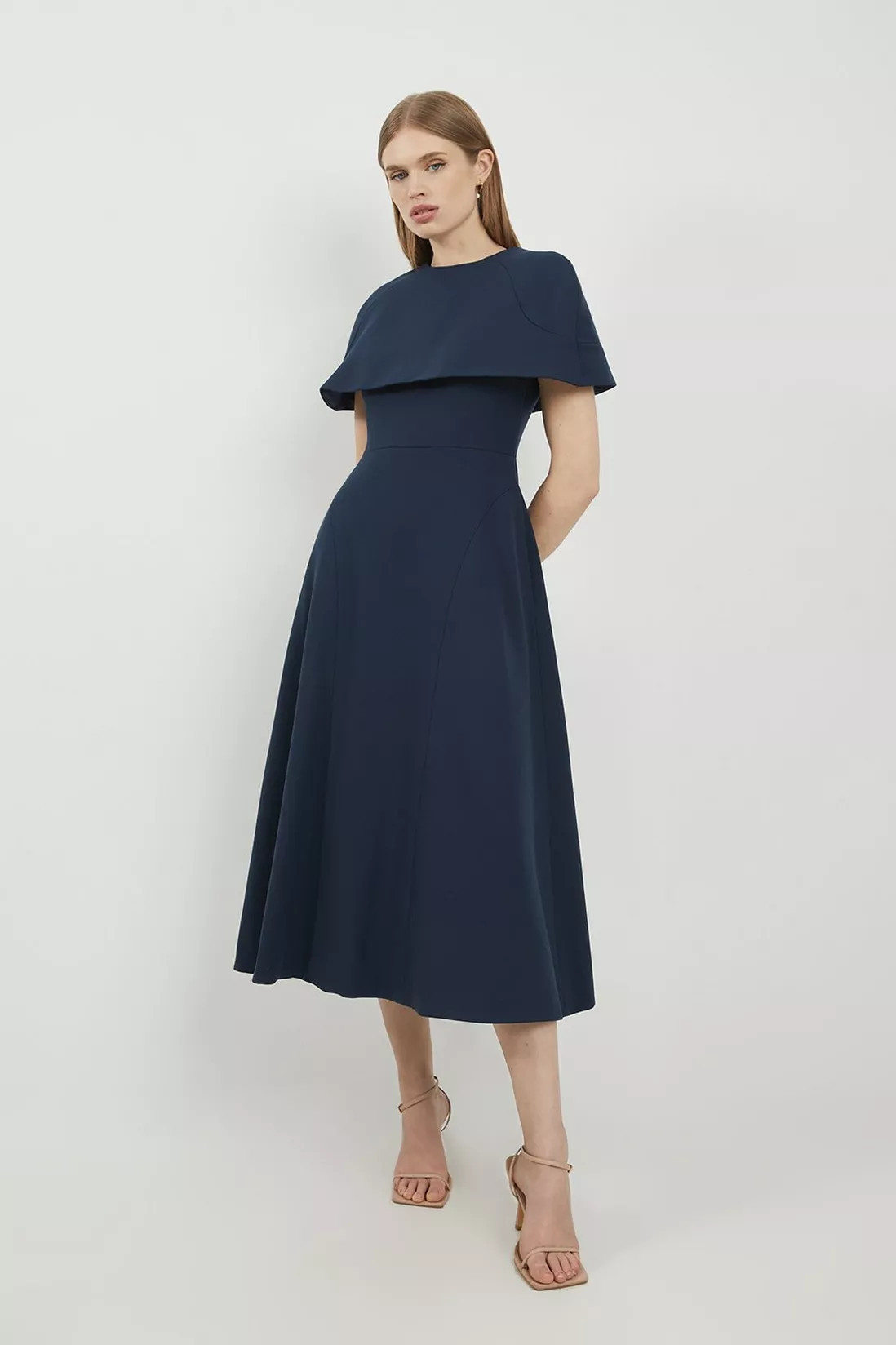 Lydia Millen Structured Crepe Cape Sleeve Full Skirt Tailored Midaxi Dress | Debenhams UK