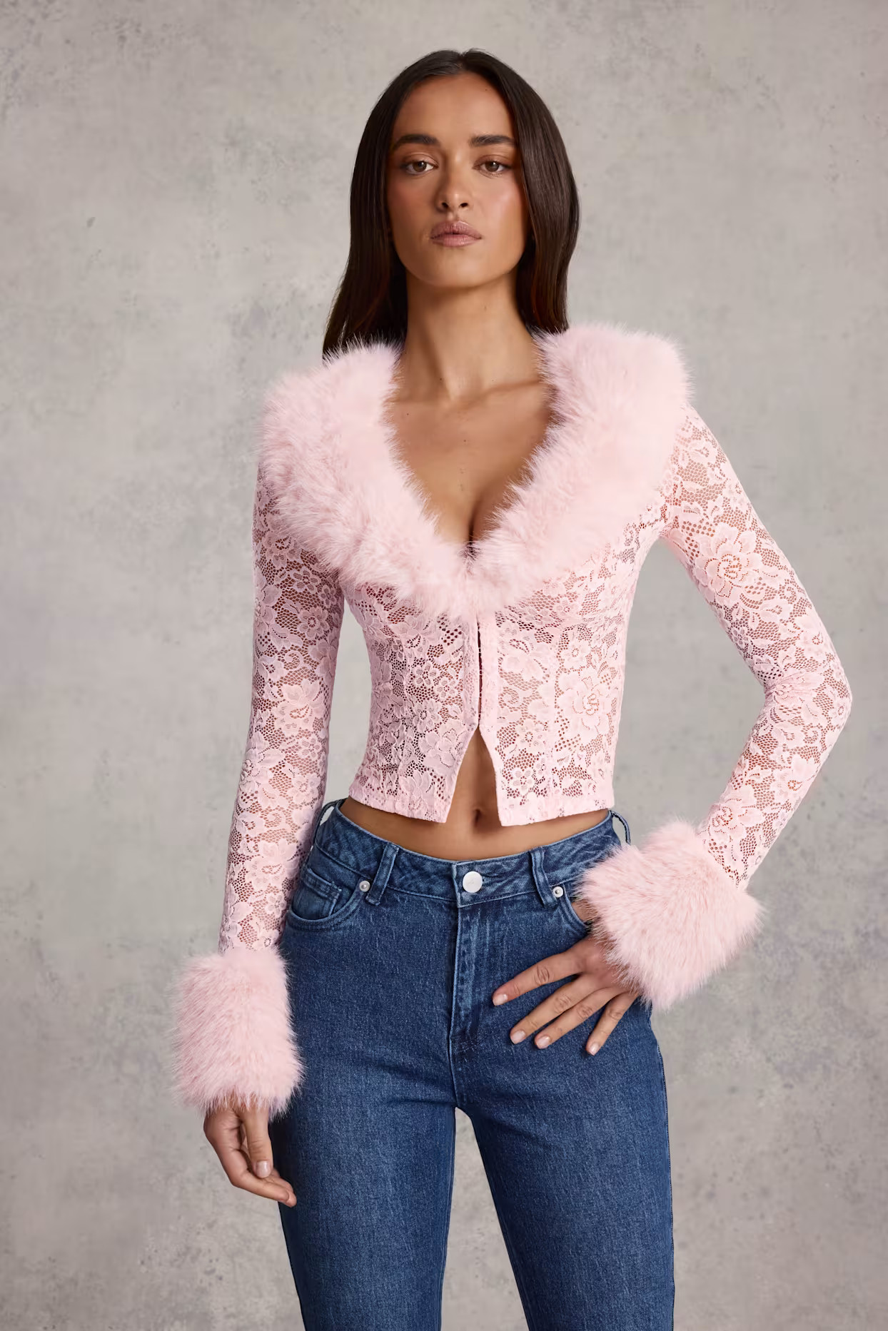 Faux Fur-Trim Lace Cardigan in Pink | Oh Polly