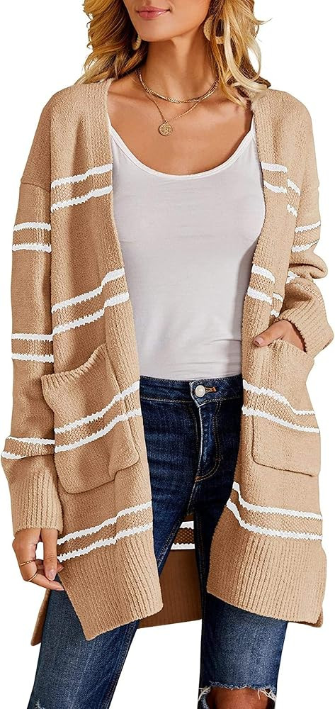 FERBIA Women Fuzzy Cardigan Sweater Striped Oversized Boyfriend Chunky Fleece Open Front Long Sleeve | Amazon (US)