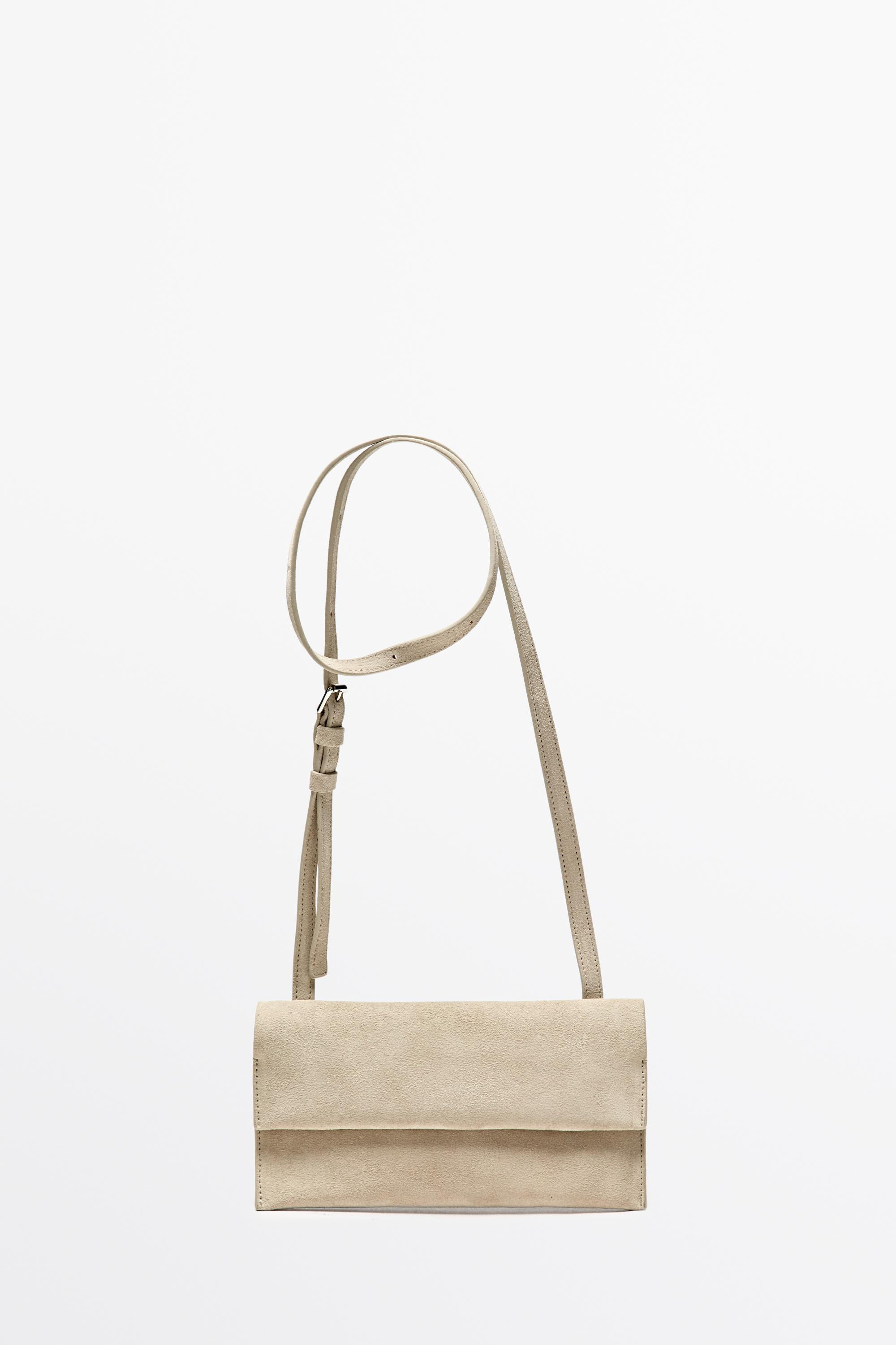Suede leather shoulder bag - Ecru | Massimo Dutti US