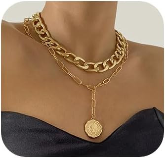 JWICOS Gold Boho Cuban Chunky Necklace Layered Dainty Paperclip with Coin Pendant Choker Chain fo... | Amazon (US)