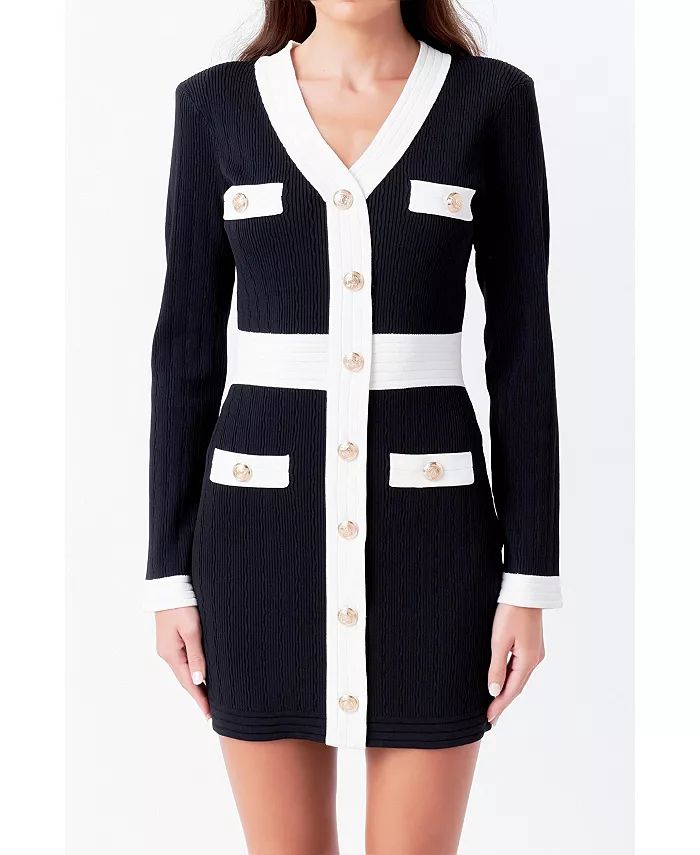 Women's Contrast detail V-neck Knit Mini Dress | Macy's