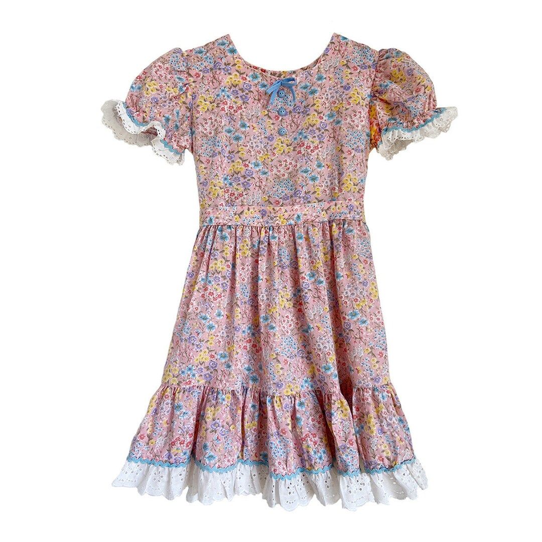 1980s Floral Twirl Dress with Ruffled Sleeves and Hem | Handmade | Girls size: 8/9 Vintage Easter... | Etsy (US)