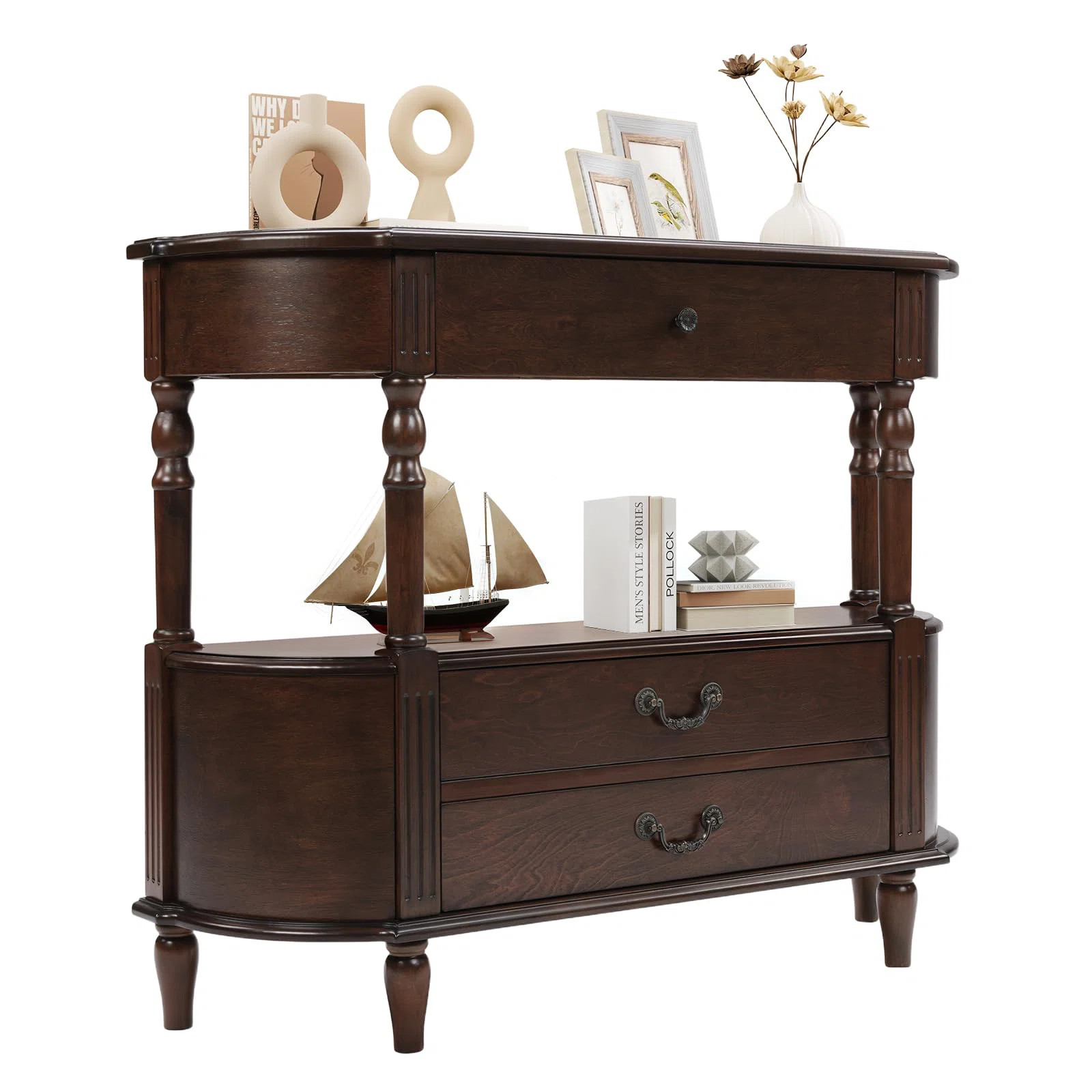 Red Barrel Studio® Solid Wood Half Moon Console Table with Drawers, 43 Inch Curved Retro Sofa Table for Entryway, Made of Pine with Roman Legs & Reviews | Wayfair | Wayfair North America
