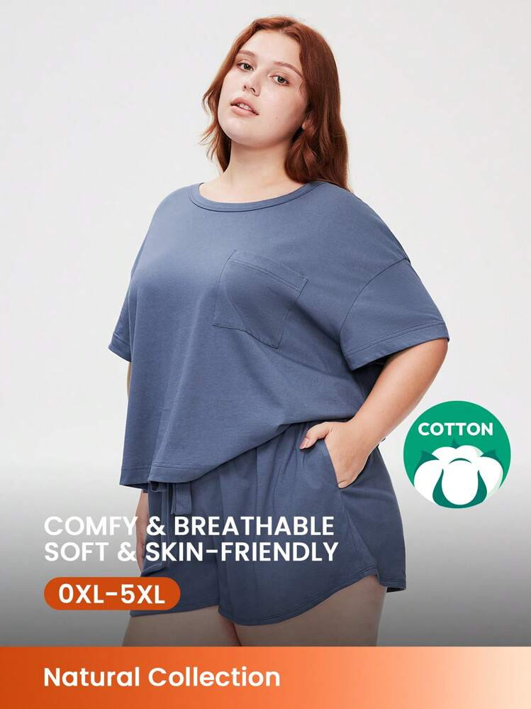 LUVLETTE Plus Soft Cotton Basic Casual-Sporty Crew Neck Short-Sleeve Top & Shorts Loungewear Airy Pajama Set Sport Casual Comfy Outfits Active Pants With Pockets Lingerie As Outerwear | SHEIN