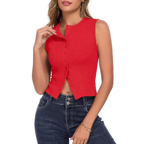 WOWULOVELY Women’s Button Down Tank Summer Vest Going Out Tops Sleeveless Ribbed Tees Open Front Y2K Shirts(Red-L) | Amazon (US)
