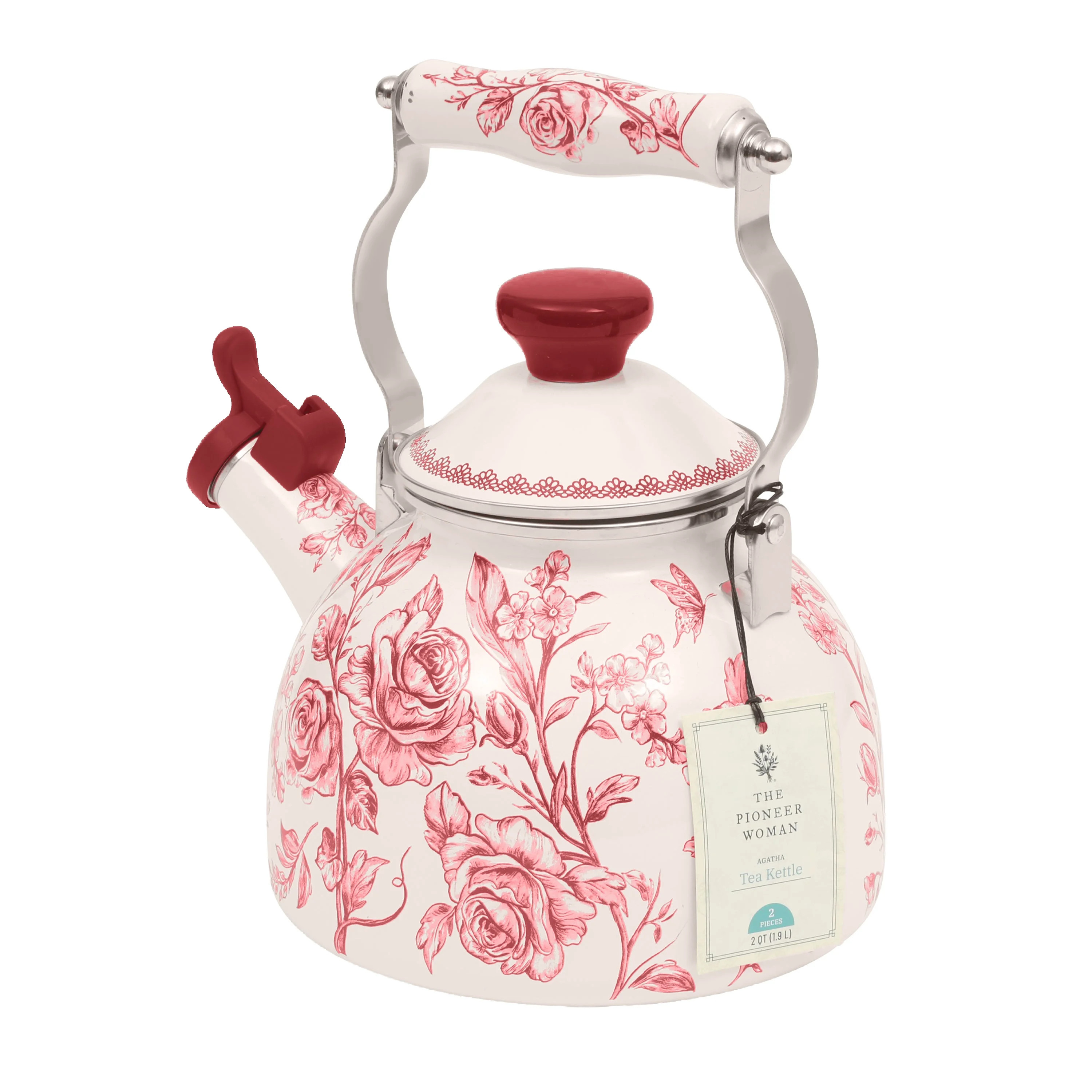 The Pioneer Woman Agatha 2.0-Quart Enamel on Steel Tea Kettle with Lid, Red | Walmart (US)