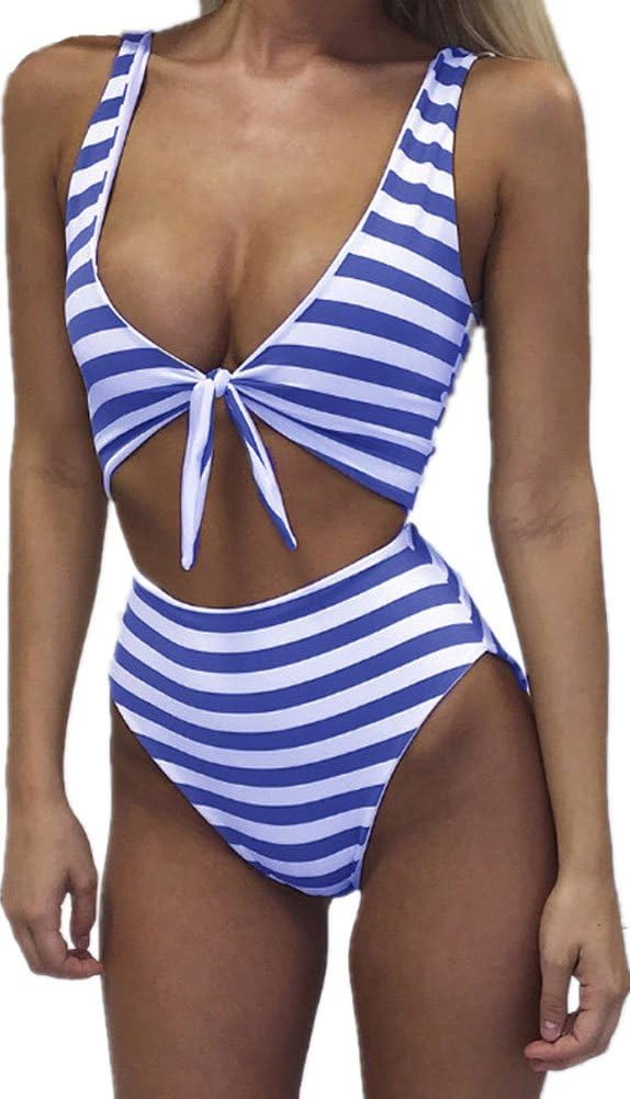 Farktop Women High Waisted Swimsuit Sexy One Piece Padded Bikini Swimwear Tie Front,Blue,XX-Large | Amazon (US)