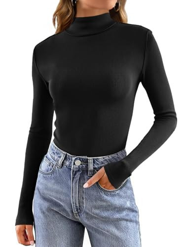 Tankaneo Womens Mock Turtle Neck Tops Long Sleeve Slim Fitted Shirts Ribbed Knit Basic Tees Thermal Shirts Black | Amazon (US)