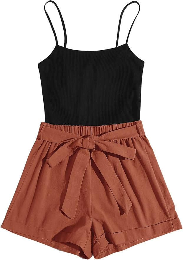 SweatyRocks Women's Sleeveless Cami Romper Colorblock Short Jumpsuit with Belt | Amazon (US)