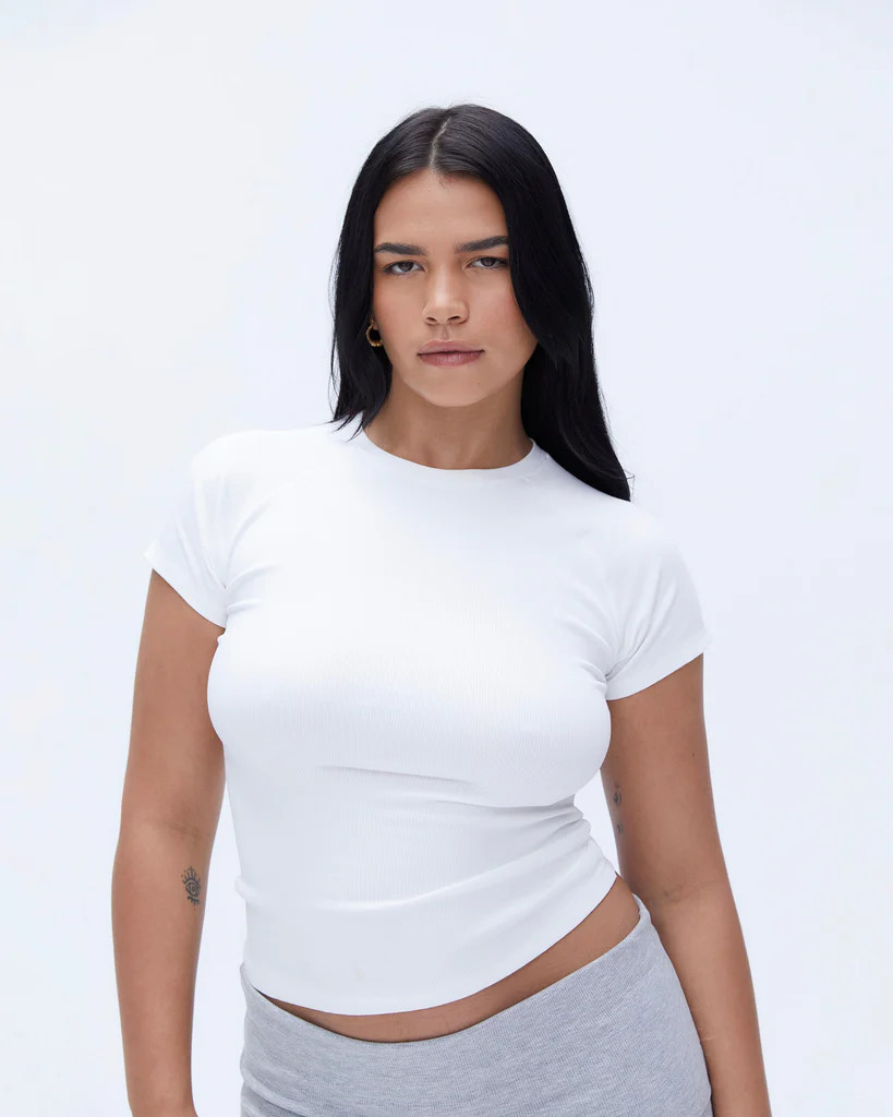Rib Raglan Short Sleeve Top - White | Adanola UK