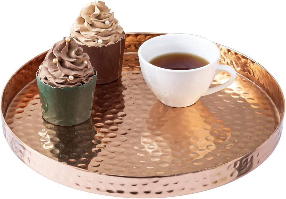 MyGift 11 Inch Deluxe Hammered Copper Round Decorative Tray - Aluminum Plated Serving Display Pla... | Amazon (US)