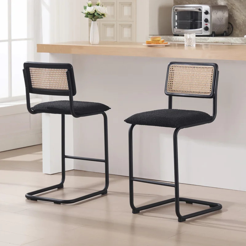 Ambrine Upholstered Boucle Counter & Bar Stool with Cane Rattan Back | Wayfair North America