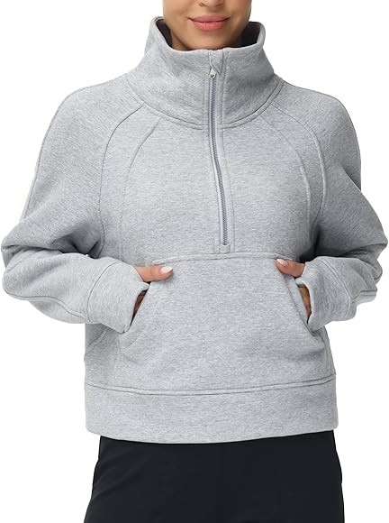 THE GYM PEOPLE Womens' Half Zip Pullover Fleece Stand Collar Crop Sweatshirt with Pockets Thumb H... | Amazon (CA)