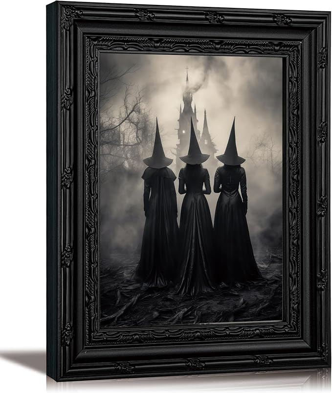 Black Framed Vintage Halloween Witch Canvas Wall Art Gothic Witch Wall Decor Picture Spooky Castl... | Amazon (US)