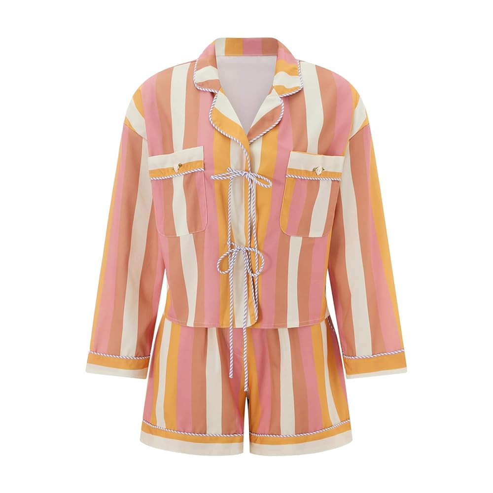 Gupgi Women 2pcs Pajamas Set Printed Nightwear Long Sleeve Tie-up Front Tops+Matching Wide Leg Sh... | Amazon (US)