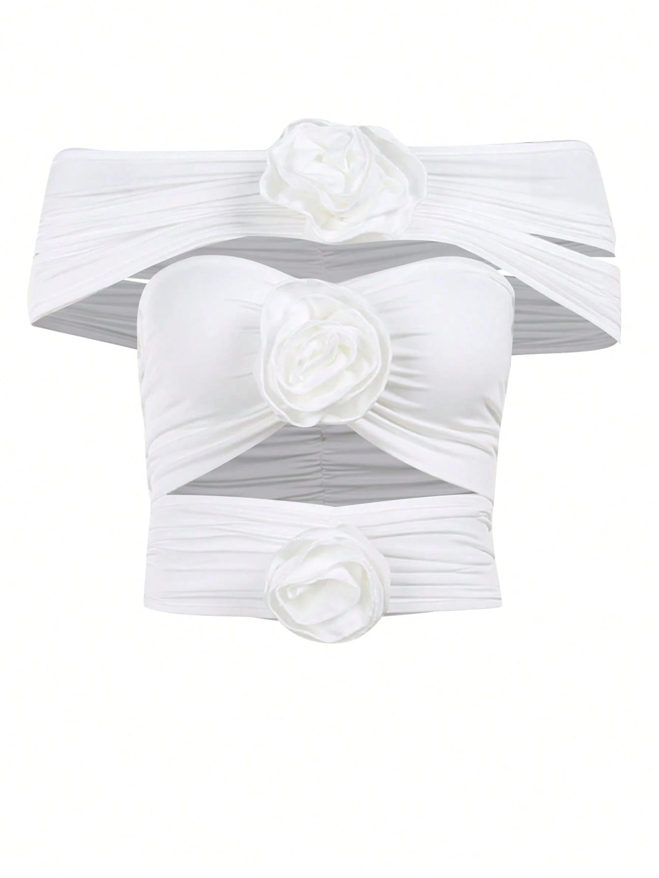 Off Shoulder Stereo Flower Cut Out Ruched Crop Top | SHEIN